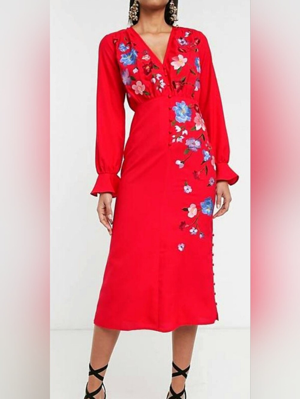ASOS Design Floral Embroidered Tea Midi Dress Womens 6 Red Mulit Ruffle LongSlee